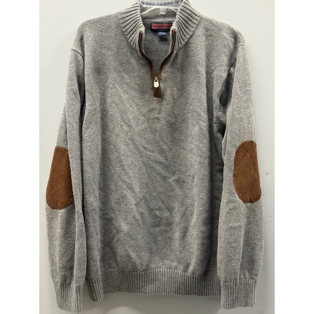 Vineyard Vines 1/4 Zip Merino Wool/Cotton Sweater Mens XL Gray Elbow Patch Warm